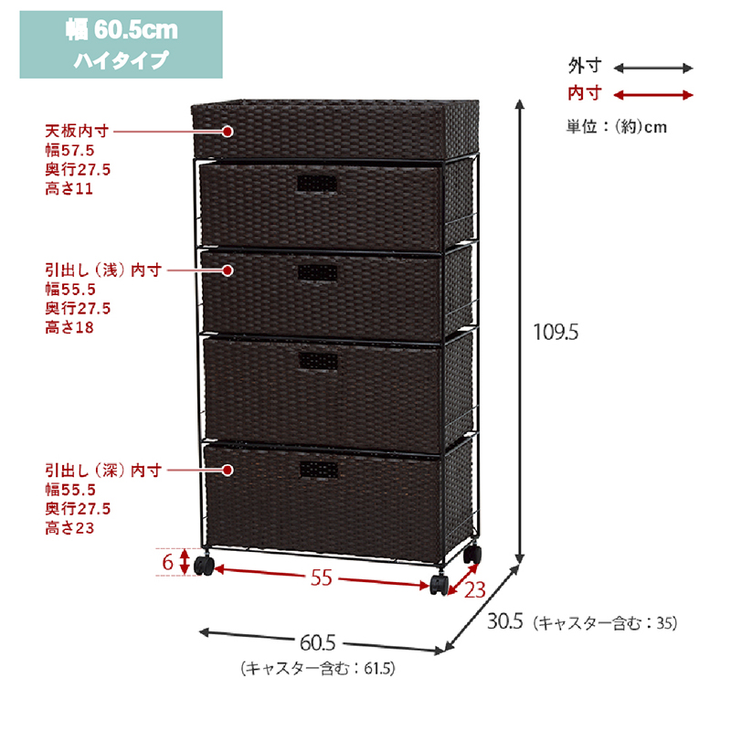 ラタン調 ランドリーラック 隙間収納 脱衣所収納 タオル収納 チェスト 網 網目 防水 通気性 キャスター 4段 幅60.5cm 高さ109.5cm 引き出し４段｜heartfelt-ts｜12