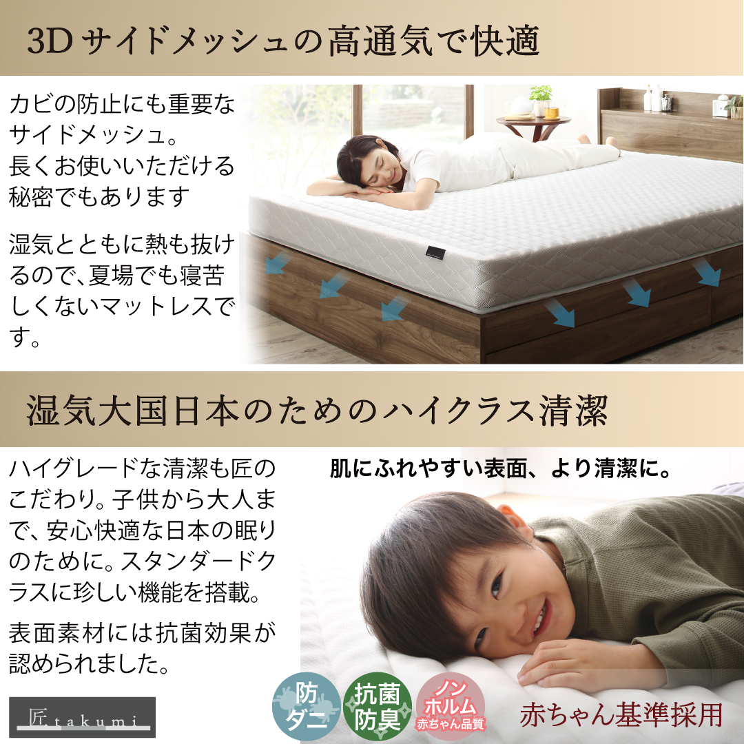 マットレス シングル ベッドマットレス ゾーンコイルスプリングマットレス 白 黒 腰 高反発 抗菌 防臭 CospaSleep 匠モデルマットレス おしゃれ