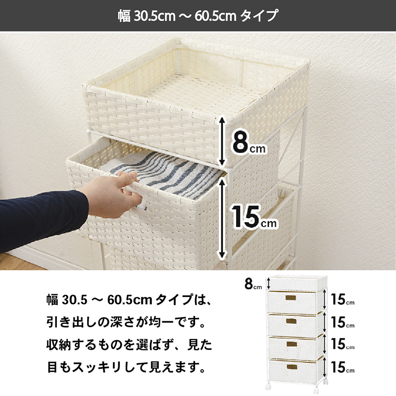 ラタン調 ランドリーラック 隙間収納 脱衣所収納 タオル収納 チェスト 網 網目 防水 通気性 キャスター 4段 幅60.5cm 高さ85cm 引き出し４段｜heartfelt2｜05