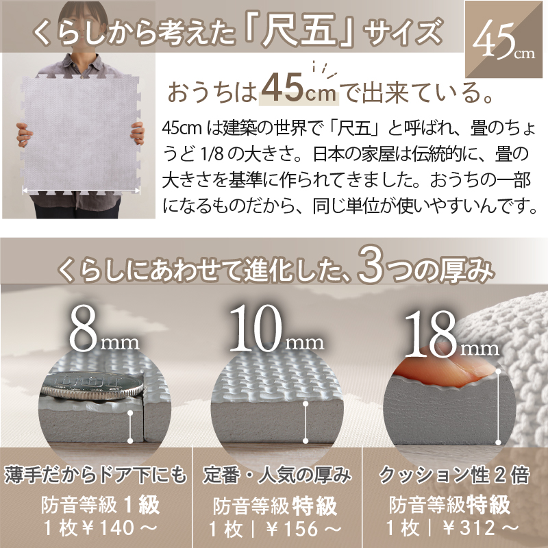 マット ジョイントマット ジョイント 大判 おしゃれ フロアマット タイルカーペット フロアタイル ラグ 防音 床暖房対応 クッション 単色 45cm 6畳 18mm厚_18