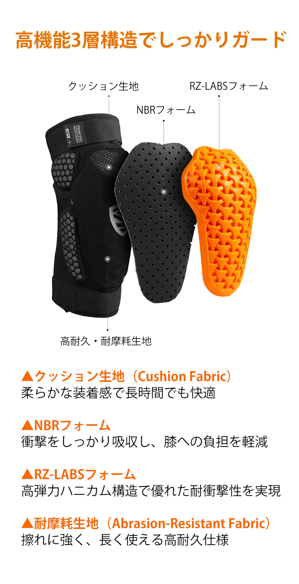 EN1621-1CE認証済み 膝サポーター バイク用 自転車 サポーター ニープロテクター 軽い 通気性 膝パッド 膝当て フィット 動きやすい 衝撃吸収 保護 立体構造 関連画像5