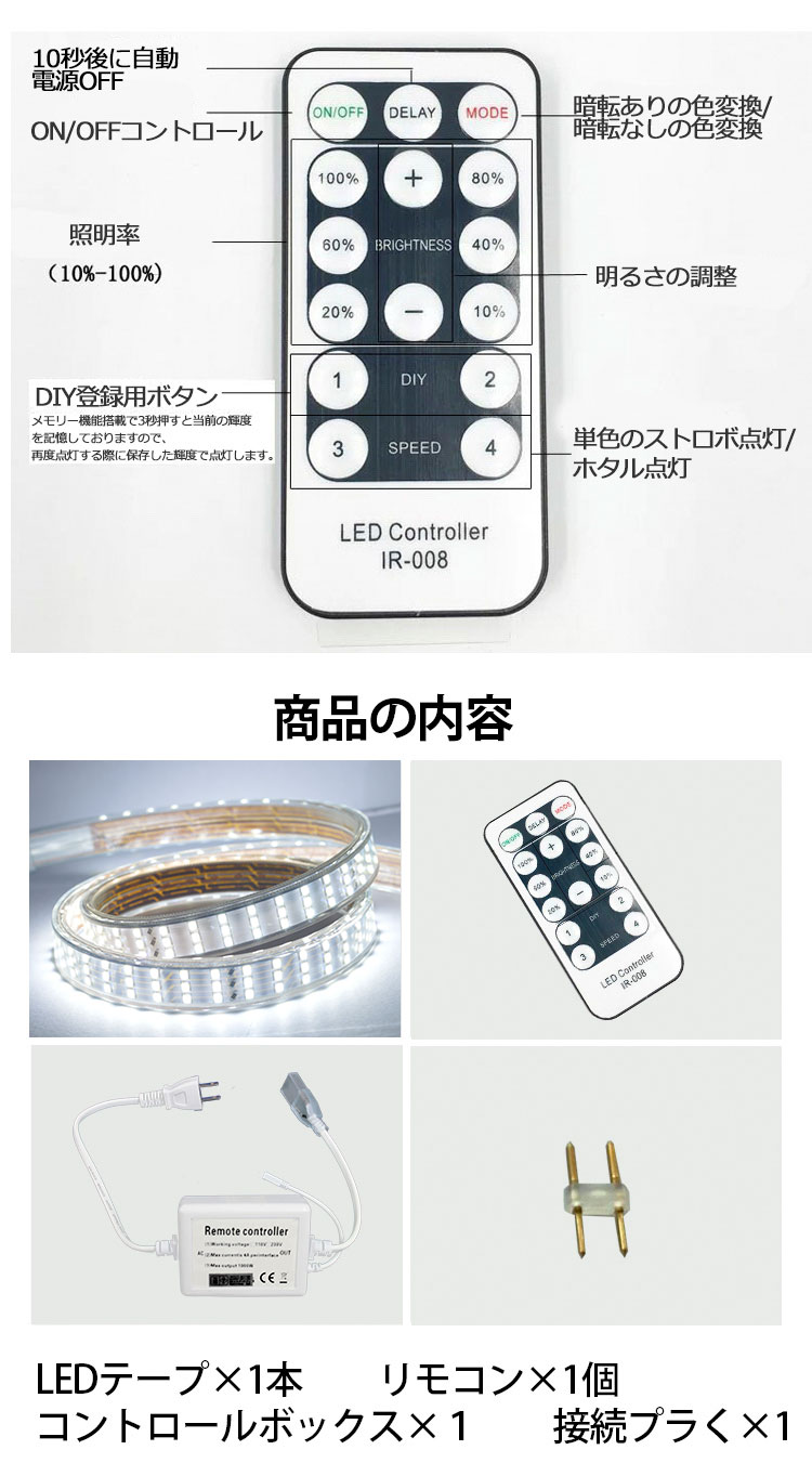 究極爆光三列 ledテープライト ledテープ 防水1P68 リモコン操作 100V PSE 4色 264SMD/M 15m イルミネーション 白 電球色 間接照明 BANNAIの画像