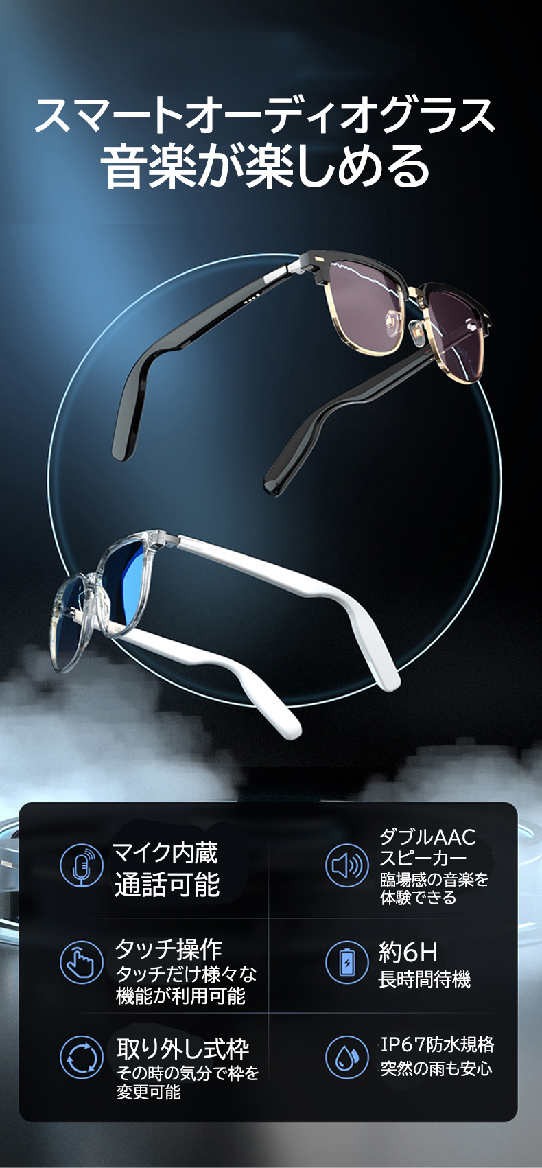 スマートブルートゥース眼鏡 スマートグラス　Bluetooth サングラス 偏光レンズ  レンズ交換可能 ライトカットグラス ワイヤレスメガネ 通話可能 マイク内蔵 sun｜heartsystem｜02