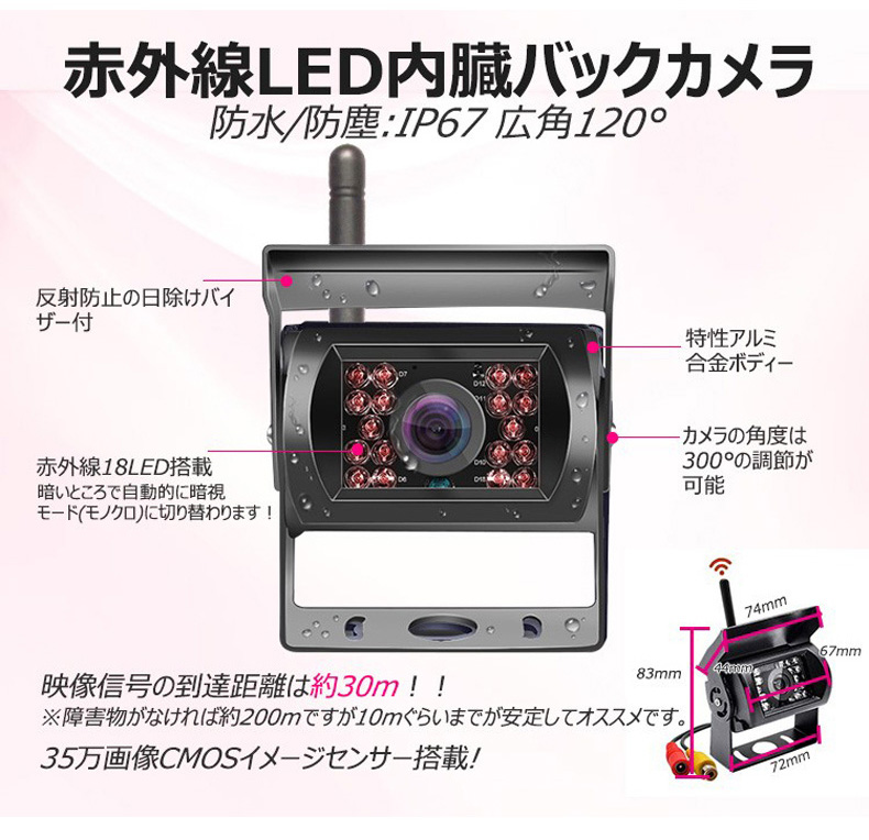 ワイヤレス バックカメラ 12V/24V 夜間暗視 赤外線搭載 高画質 軽量