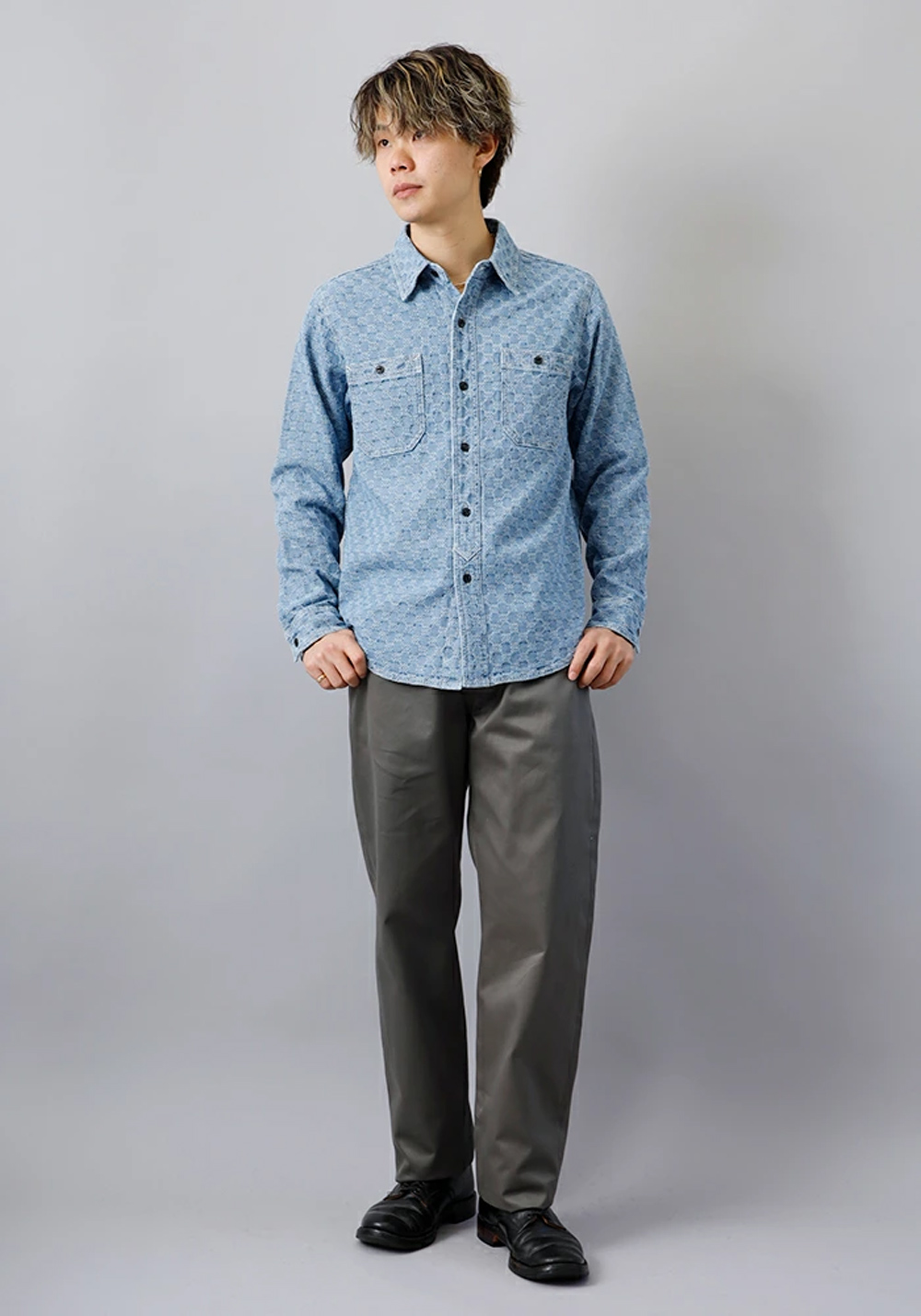 BLUE PORT デニム インディゴ シャツ メンズ 長袖 変わり織 ワーク