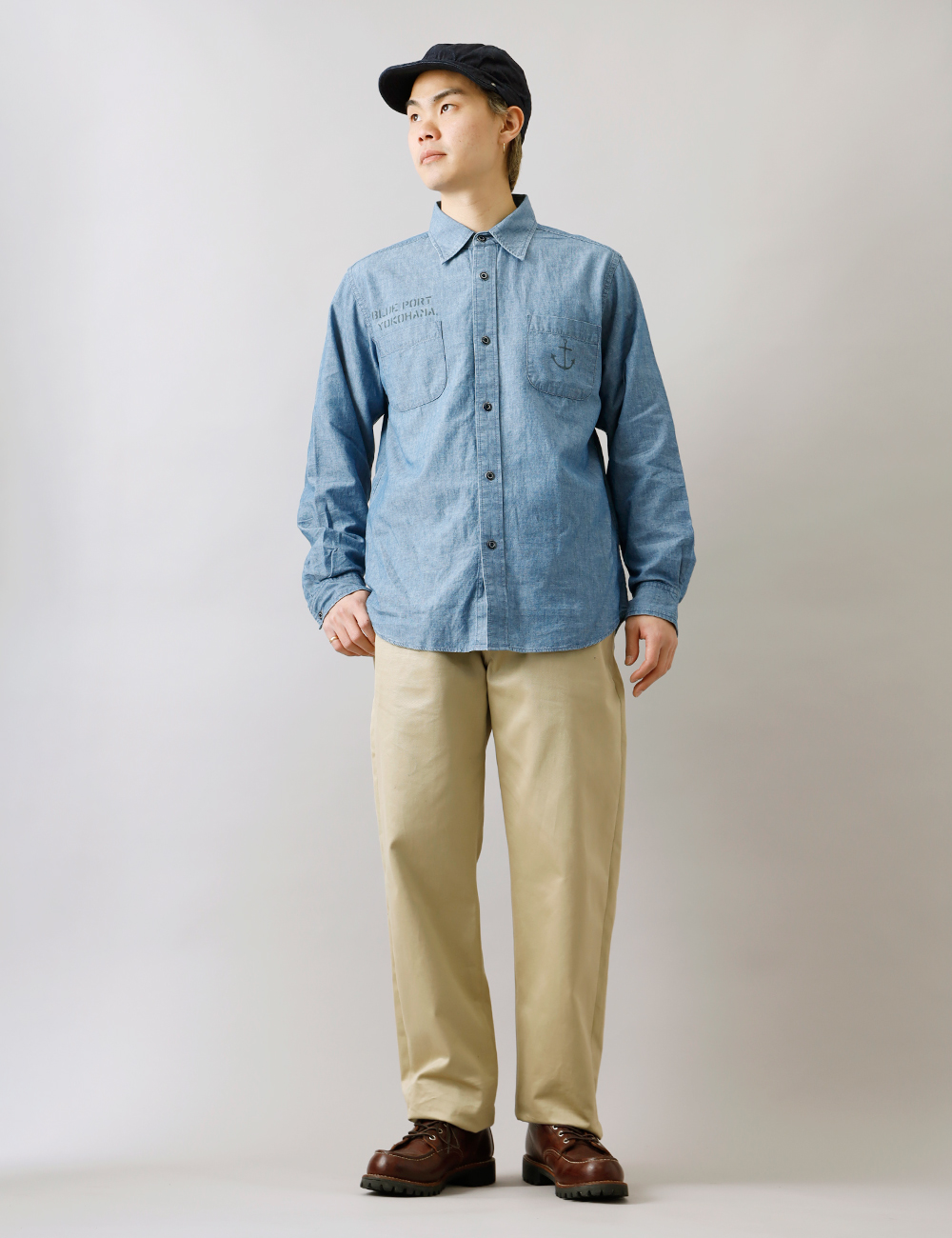 BLUE PORT シャンブレー プリントシャツ メンズ ワークシャツ 長袖