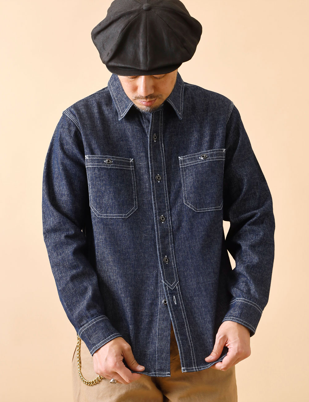 BLUE PORT ワークシャツ メンズ デニム 長袖 ヴィンテージ加工