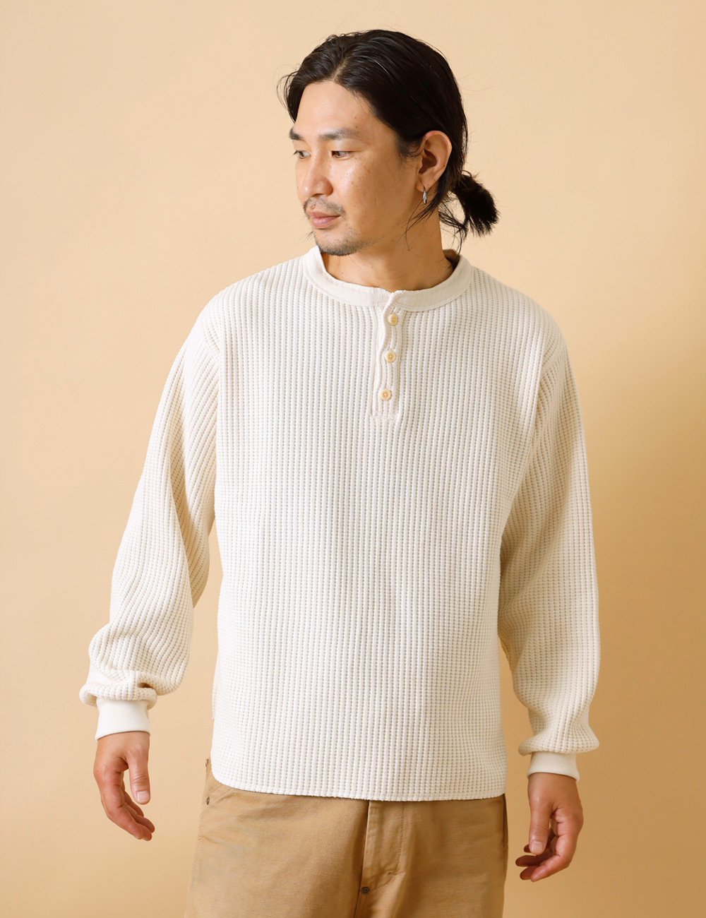 サーマルロンT メンズ ヘンリーネック ワッフル 無地 HEATH M-XL