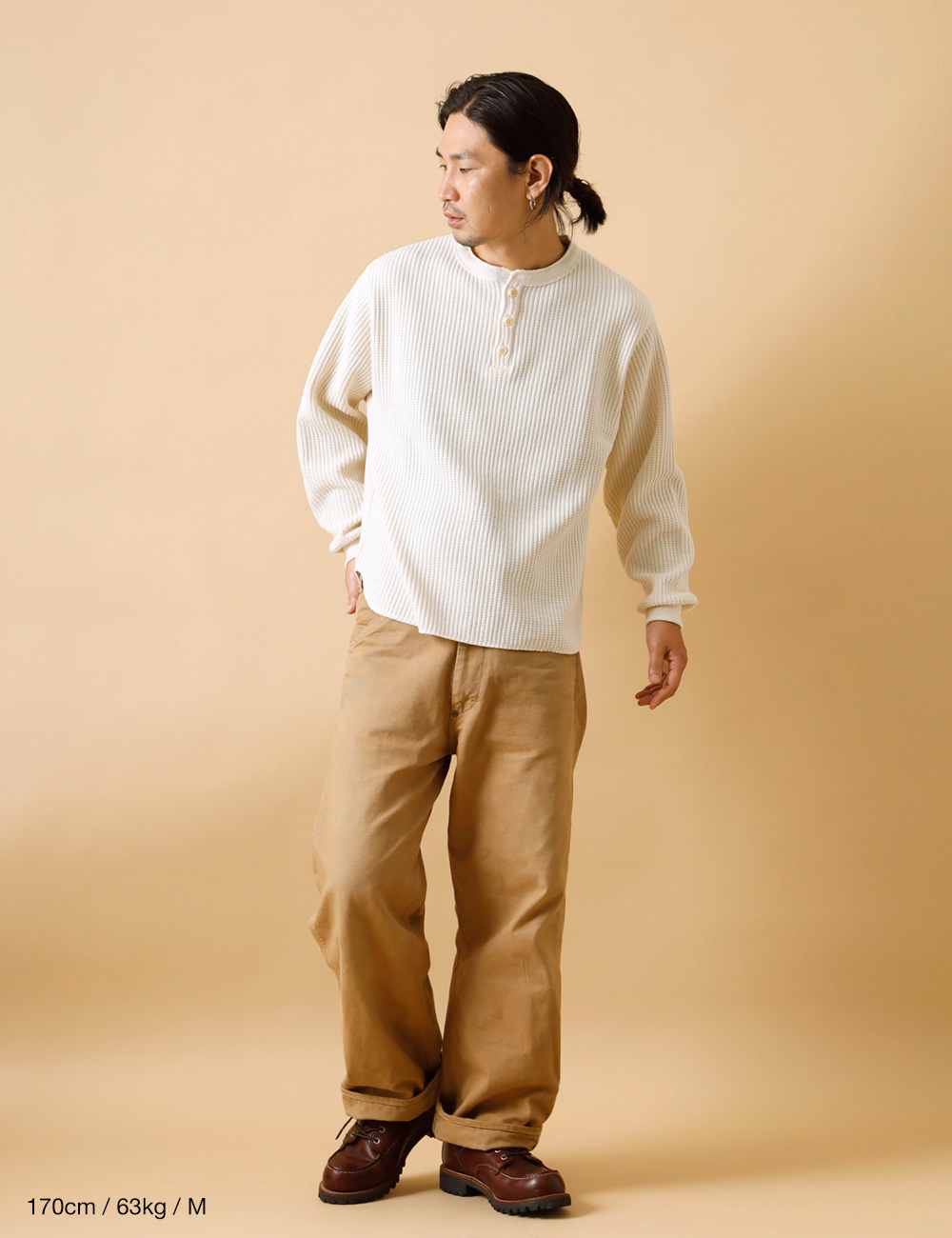 サーマルロンT メンズ ヘンリーネック ワッフル 無地 HEATH M-XL