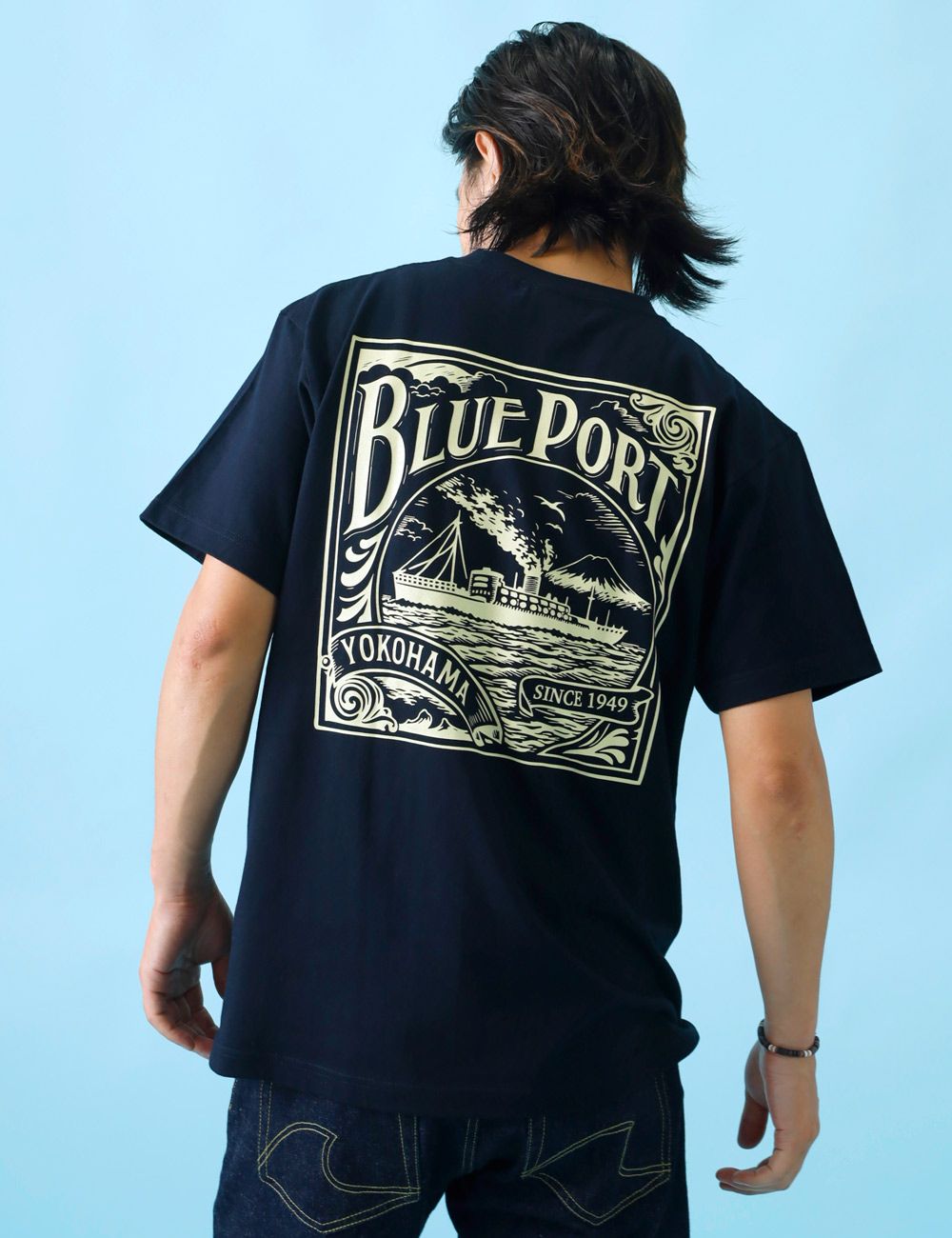 BLUE PORT Tシャツ メンズ 半袖 7.4oz バックプリント 柄 丸胴