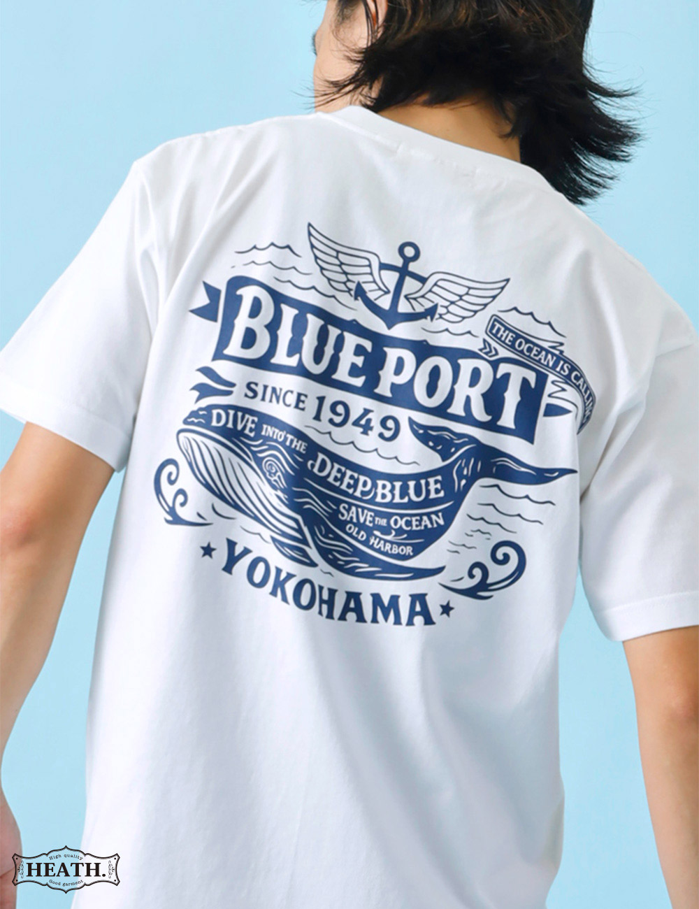 BLUE PORT Tシャツ メンズ 半袖 7.4oz バックプリント クジラ 柄 丸胴