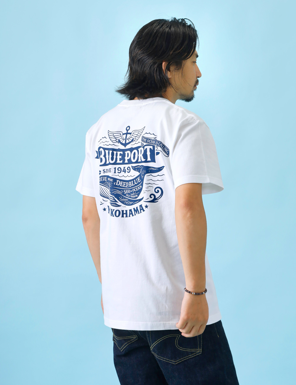BLUE PORT Tシャツ メンズ 半袖 7.4oz バックプリント クジラ 柄 丸胴