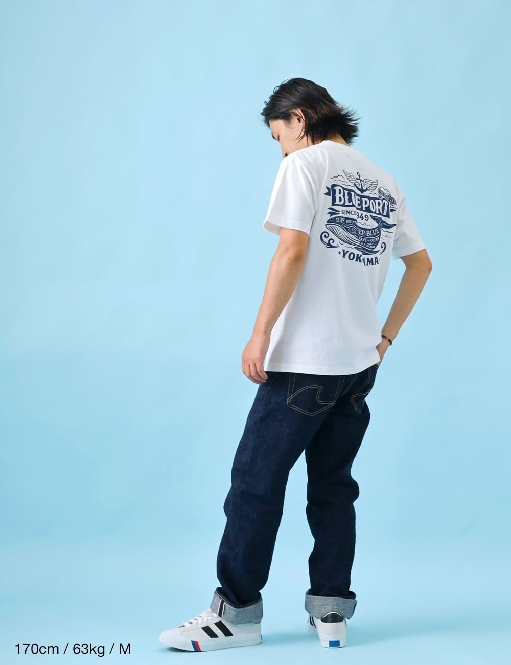 BLUE PORT Tシャツ メンズ 半袖 7.4oz バックプリント クジラ 柄 丸胴