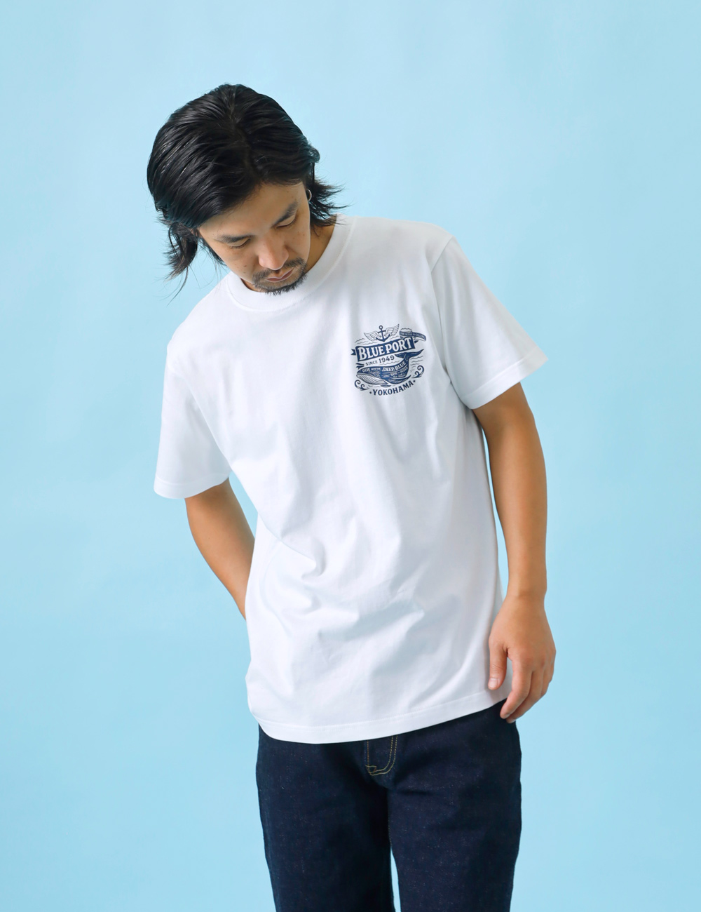 BLUE PORT Tシャツ メンズ 半袖 7.4oz バックプリント クジラ 柄 丸胴
