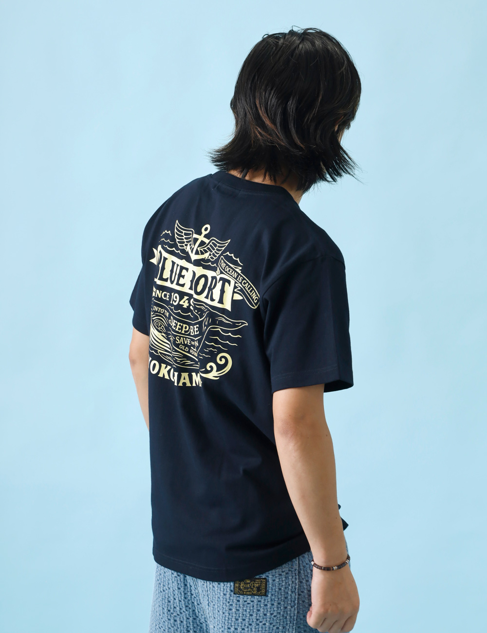 BLUE PORT Tシャツ メンズ 半袖 7.4oz バックプリント クジラ 柄 丸胴