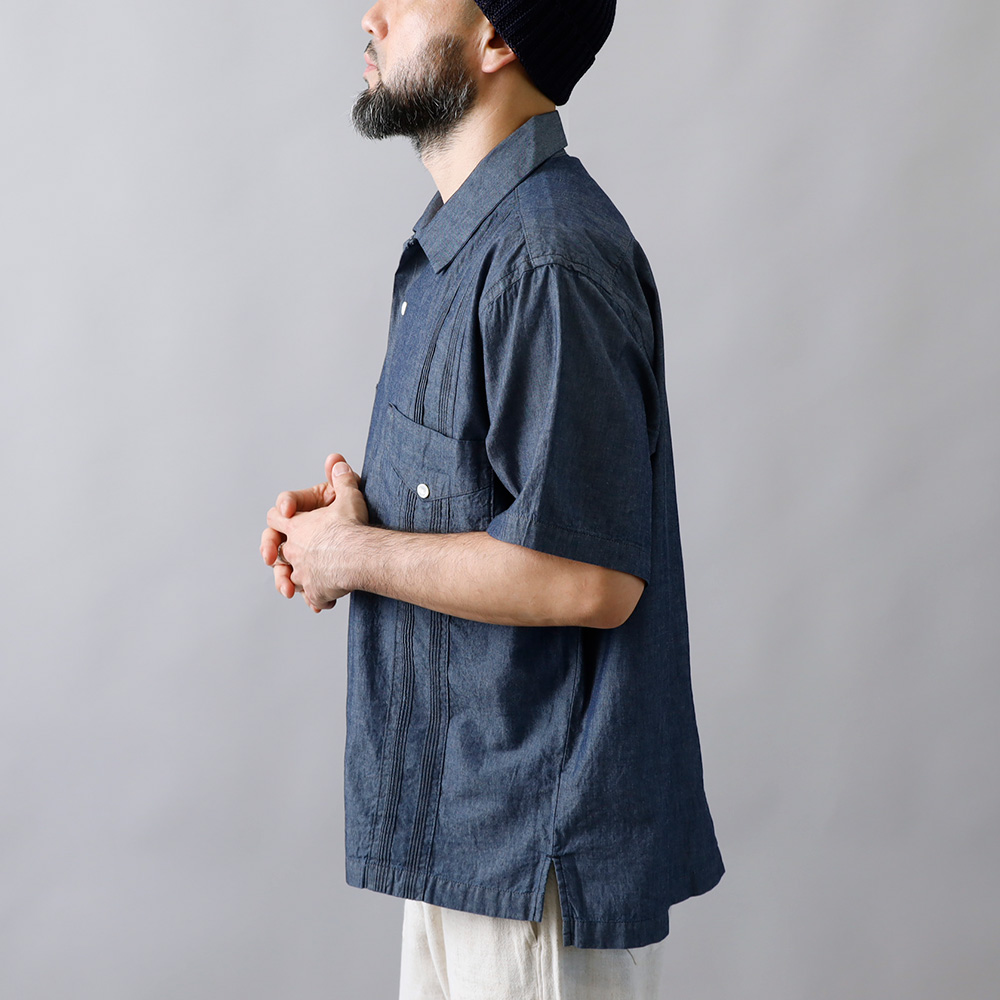 シャンブレーシャツ メンズ 半袖シャツ 開襟シャツ オープンカラー