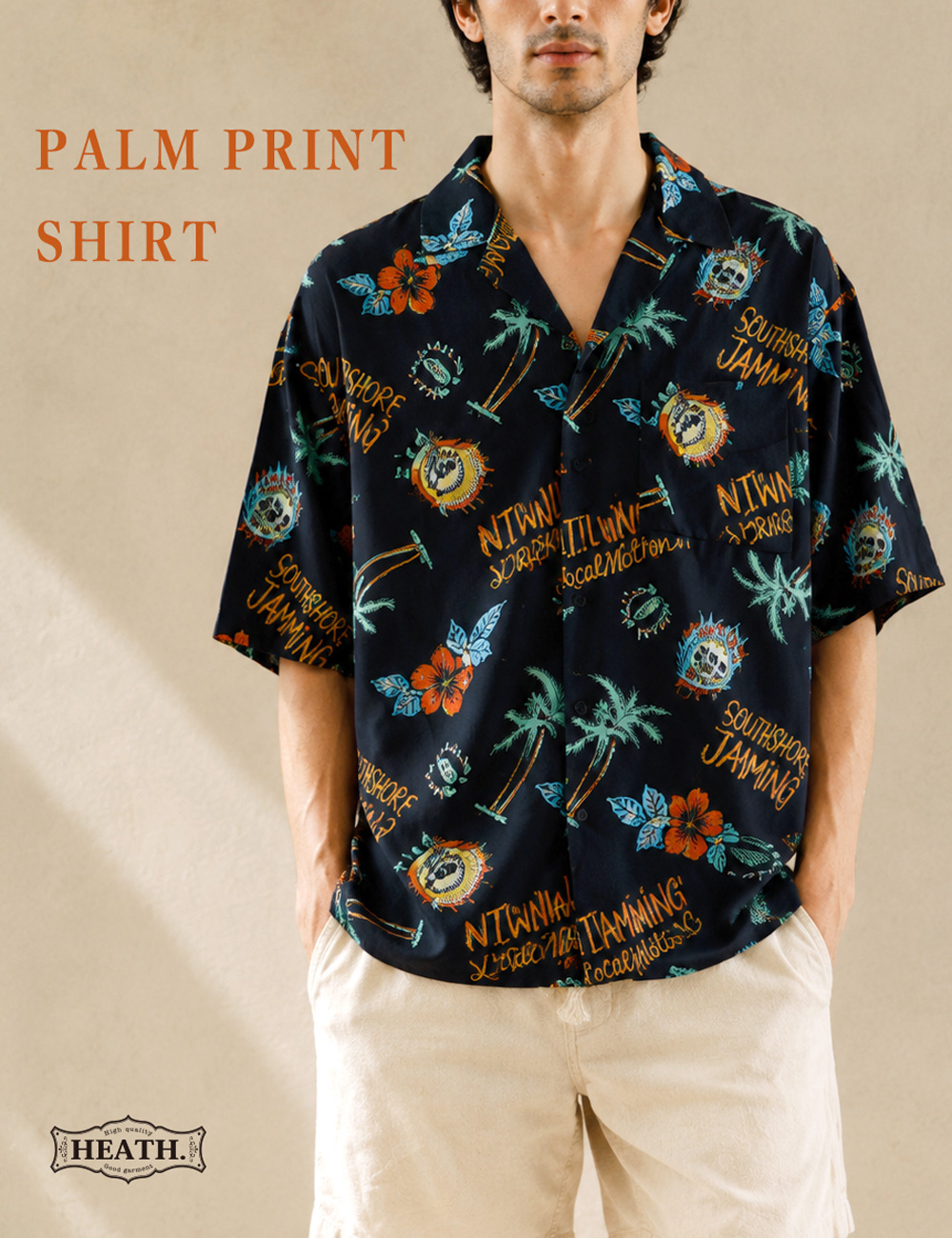 BLUE PORT 総柄シャツ メンズ 半袖 オープンカラー 涼しい 接触冷感
