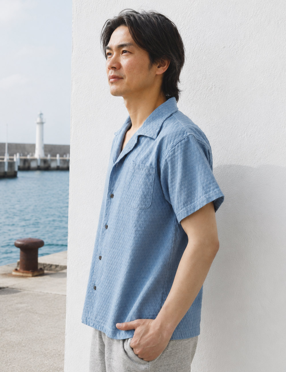 BLUE PORT デニムシャツ メンズ 半袖 変わり織 インディゴ オープン