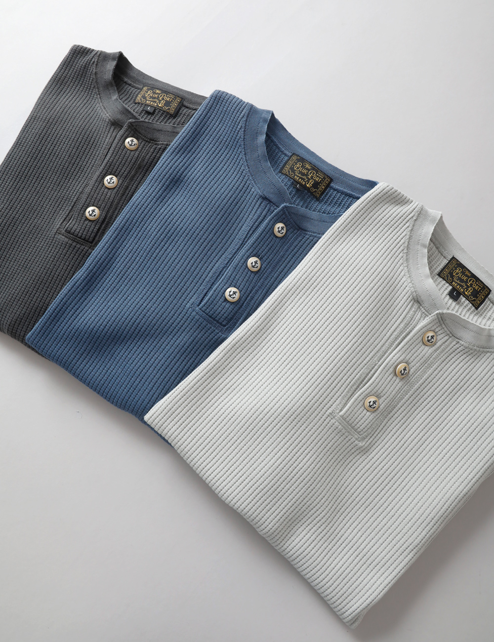BLUE PORT サーマル ヘンリーネックTシャツ メンズ ワッフル Lightning