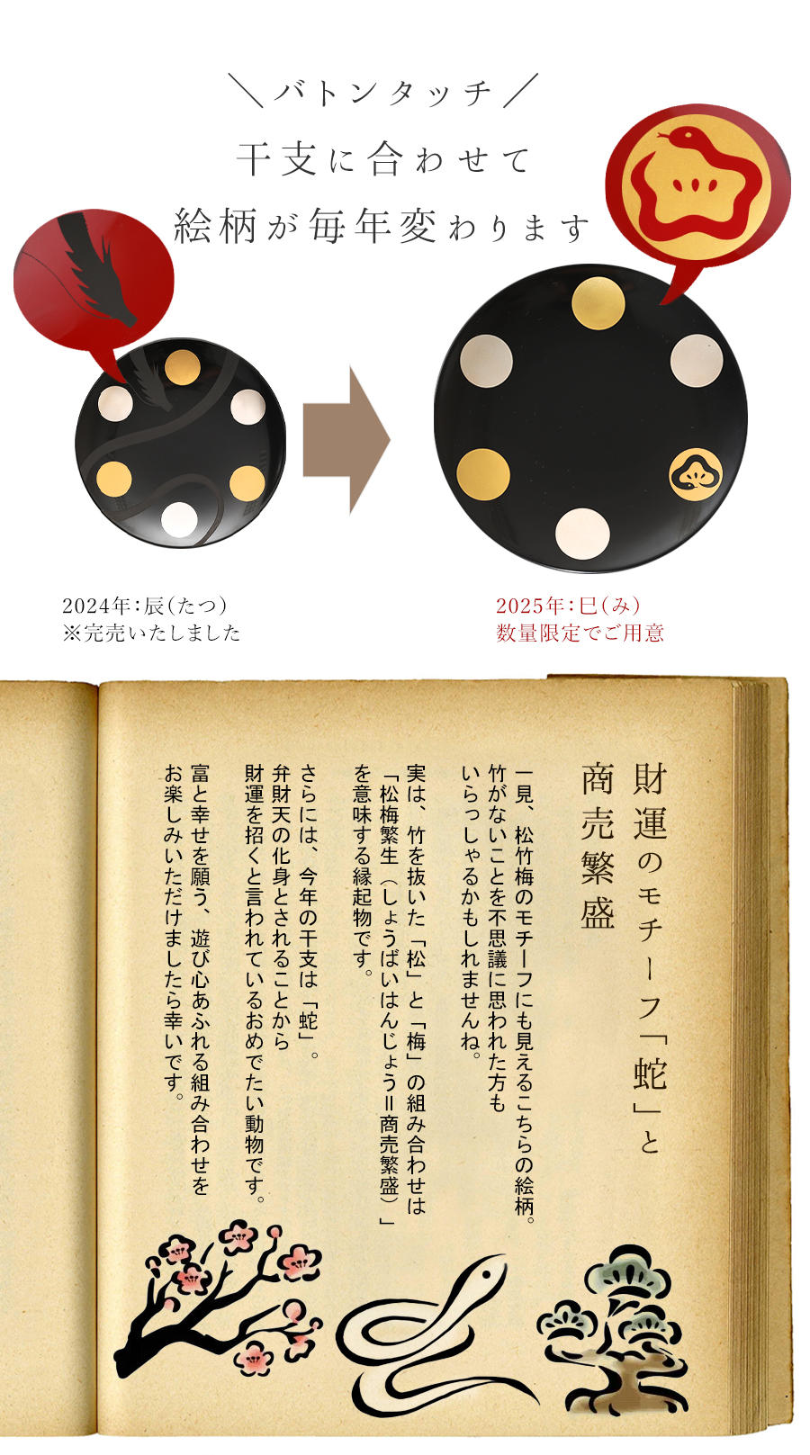 宮内庁御用達漆器 山田平安堂 丸皿 日月 2枚セット 未使用(メ1094) 山田平安堂 宮内庁御用達 漆器 山田平安堂 丸皿 干支日月 巳（み