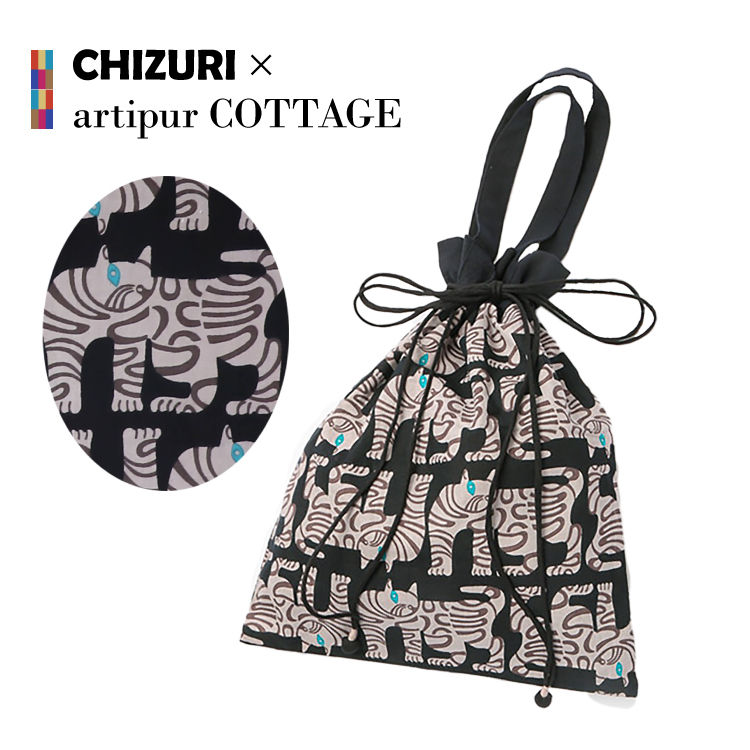 バッグ CHIZURI ネコプリント巾着バッグ 全3色 ドロスト バッグイン