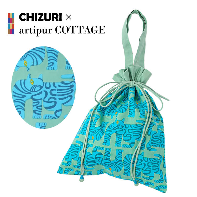 バッグ CHIZURI ネコプリント巾着バッグ 全3色 ドロスト バッグイン