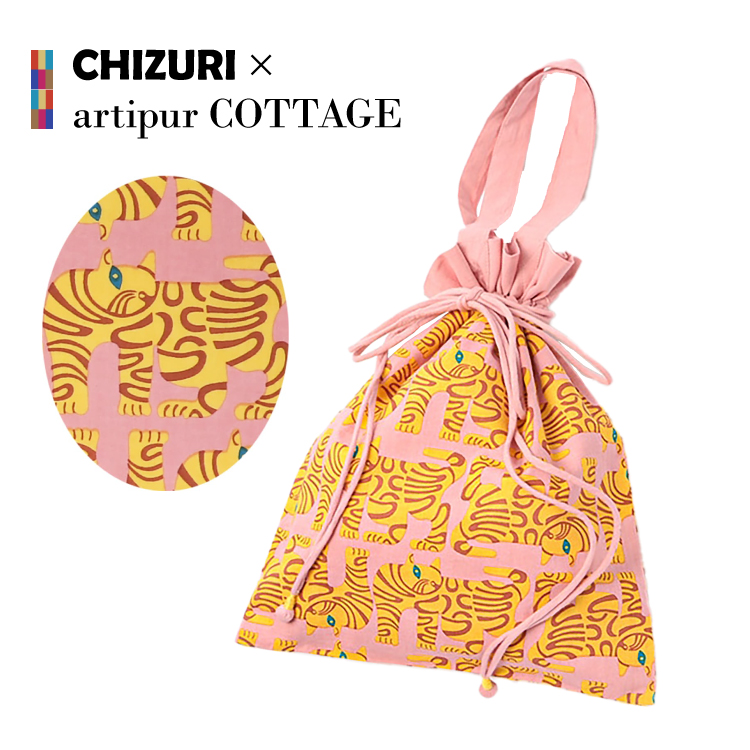 バッグ CHIZURI ネコプリント巾着バッグ 全3色 ドロスト バッグイン