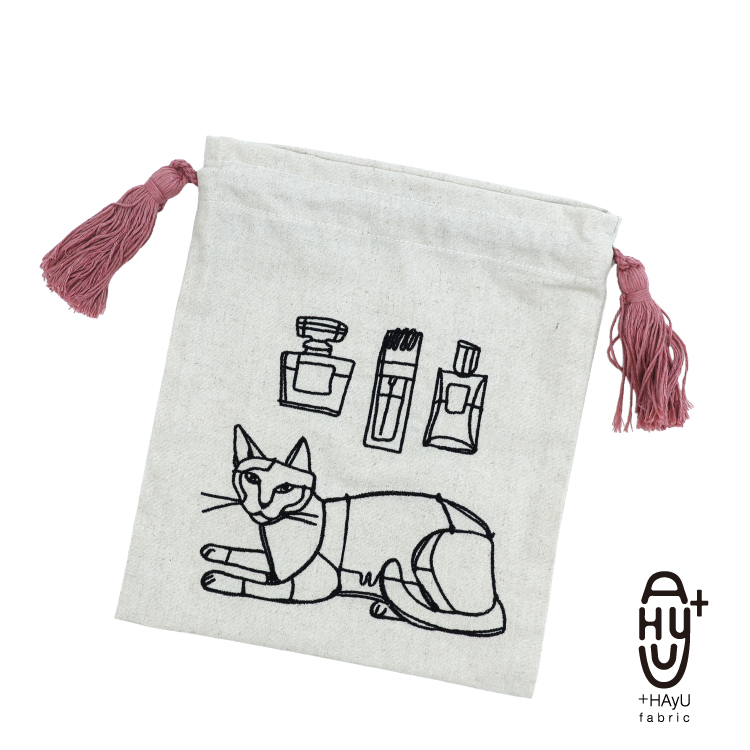 爆買 巾着 HAyU 刺繍巾着 Lサイズ 全2色 タッセル 巾着バッグ 猫 CAT