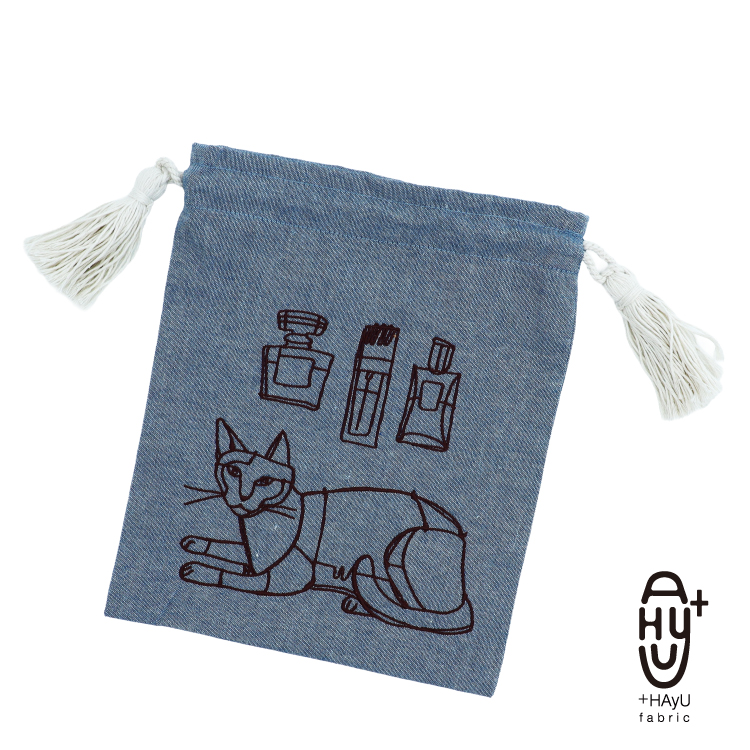 爆買 巾着 HAyU 刺繍巾着 Lサイズ 全2色 タッセル 巾着バッグ 猫 CAT