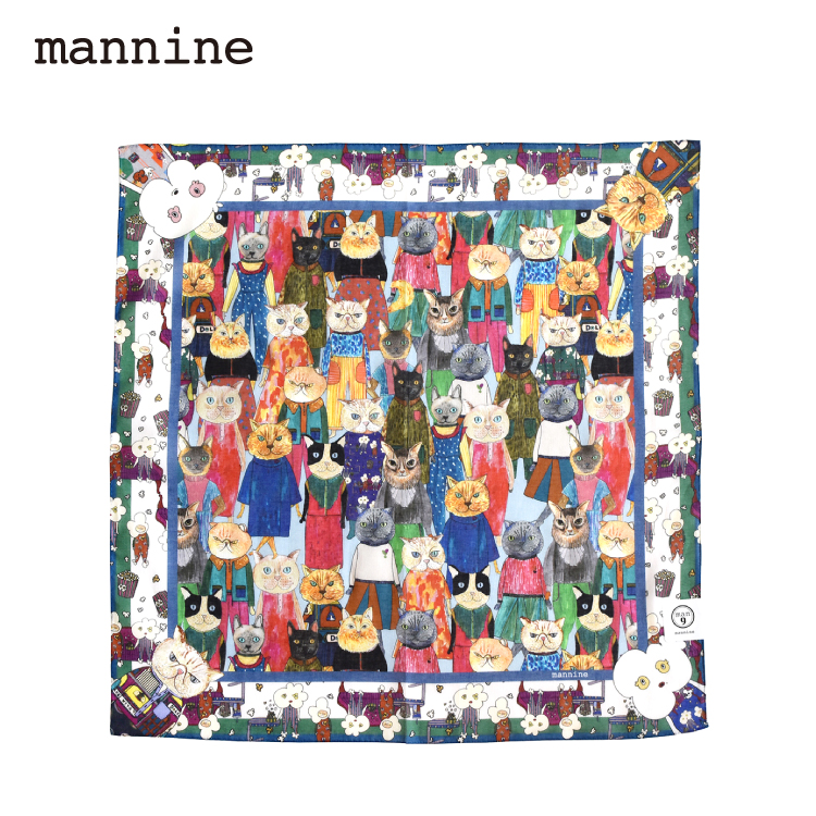 mannine マンナイン 岸本万里 ねこ いっぱい ストライプ ワンピース M mannine ハンカチ コットンガーゼハンカチ 全3種 マンナイン 岸本万里
