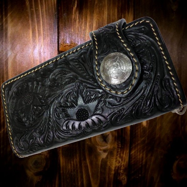 ハンドメイド　カービング　革財布 長財布 メンズ 本革 バイカーズウォレット 長財布 サドルレザー ヌメ革 カービングレザー ハンドメイド