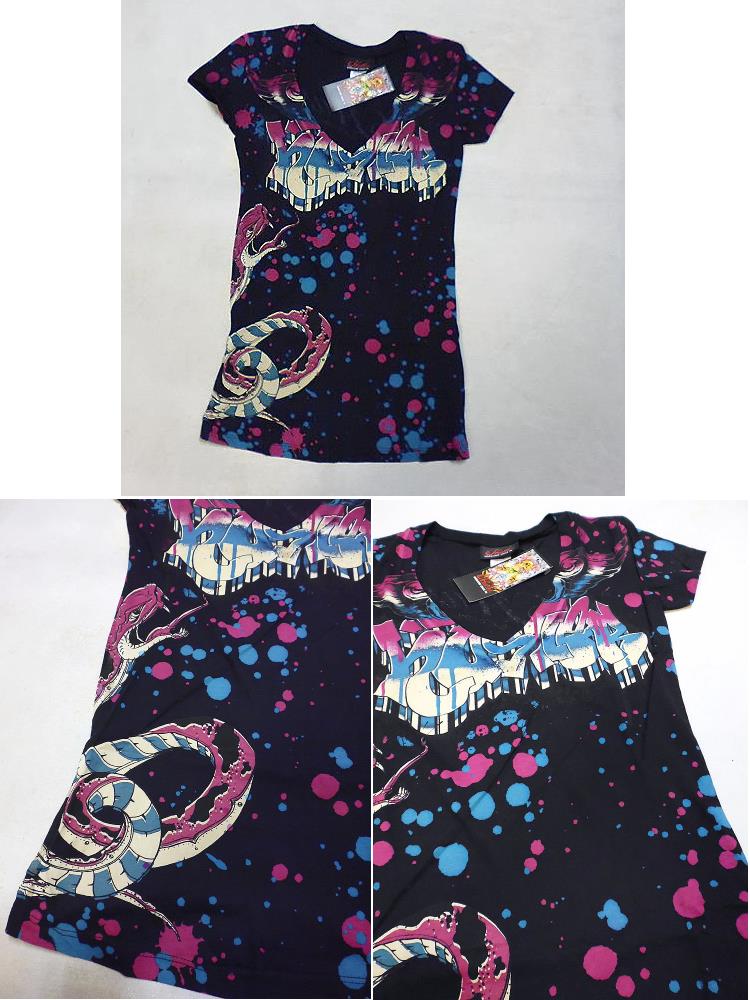 廃盤 Vネック 半袖 Tシャツ  レディース インポート 服 ペンキ飛び散り＆蛇柄 入手困難 レアアイテム/wot006 wot006-5.jpg