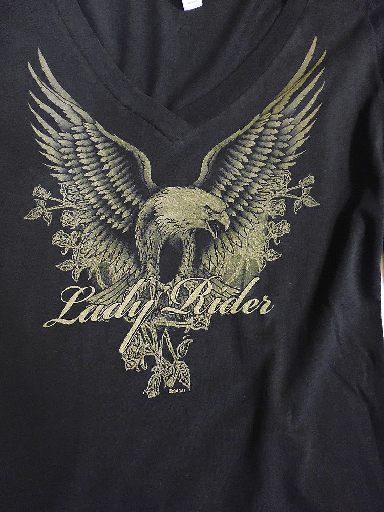 即納 再入荷 レディース 長袖 Vネック Tシャツ 薔薇と鷲 ロンtee 薄手 /wot198 ハードロック系 羽を広げた鷲＆薔薇柄 Vネック 長袖Tシャツ