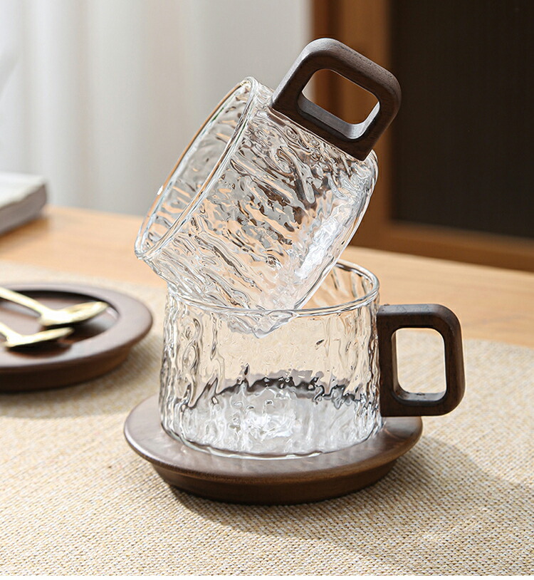 作家もの器セット 大正ガラス　カフェ食器24点 耐熱ガラス マグカップ 3点セット コースター スプーン付き 天然木