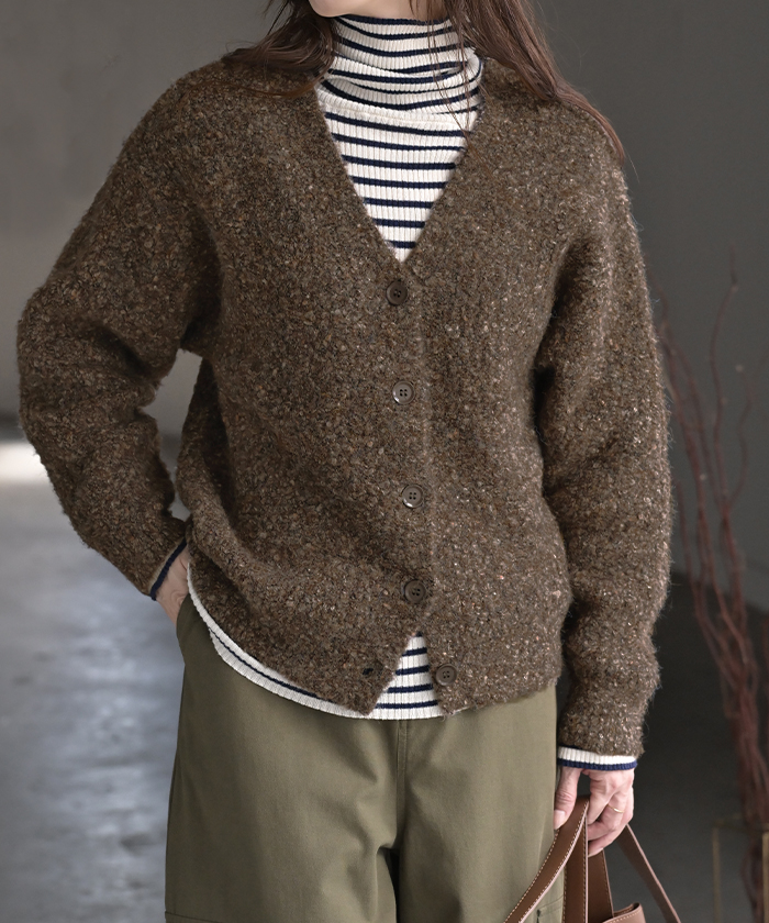 カーディガン ニット メランジ レディース トップス アウター セーター オーバー ニットカーディガン 長袖 長い ボリュームスリーブ Vネック リブ 羽織 | HUG.U | 02