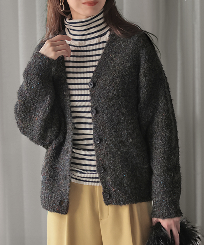 カーディガン ニット メランジ レディース トップス アウター セーター オーバー ニットカーディガン 長袖 長い ボリュームスリーブ Vネック リブ 羽織 | HUG.U | 04