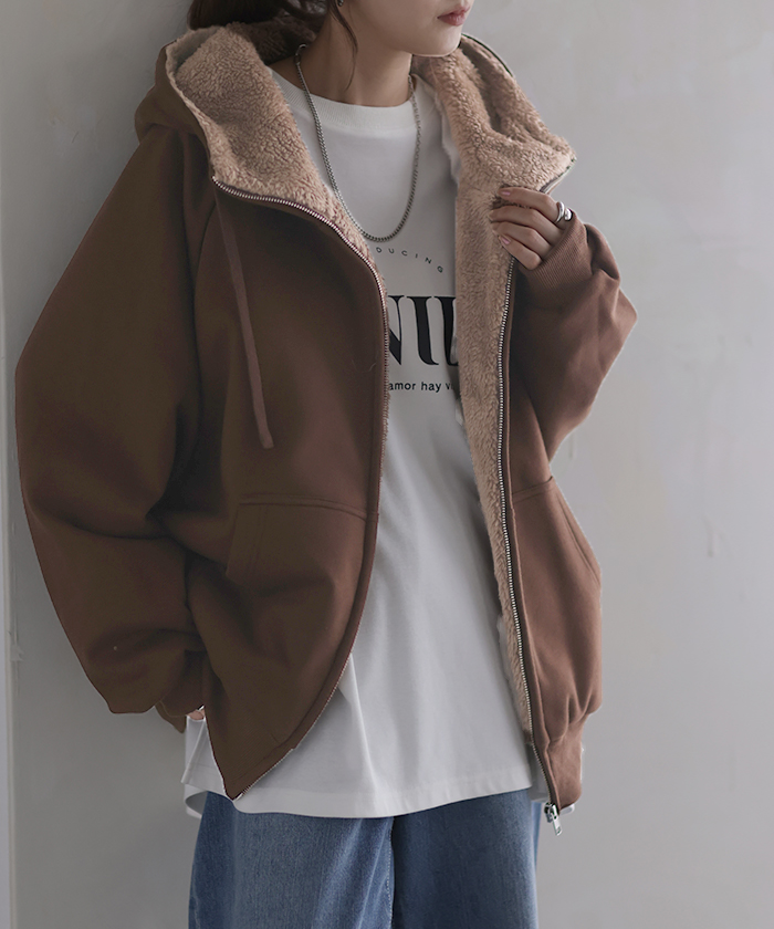 パーカー レディース アウター 裏ボア 極暖 トップス スウェット トレーナー ボア 小顔 ドルマン | HUG.U | 05