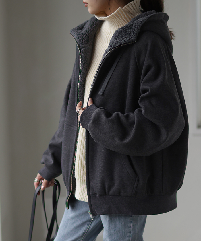 パーカー レディース アウター 裏ボア 極暖 トップス スウェット トレーナー ボア 小顔 ドルマン | HUG.U | 06