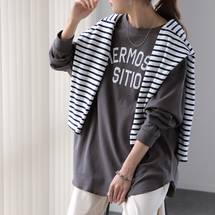 トップス レディース カットソー ロンT ロゴ 長袖 Tシャツ ロング チュニック 綿 二の腕カバー ドルマン ゆったり | HUG.U | 02