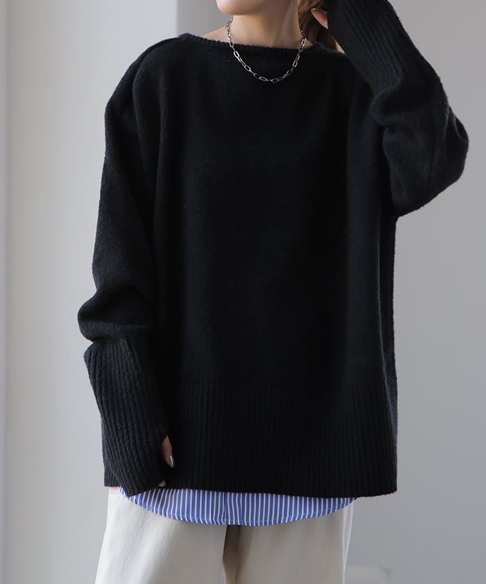 ニット レディース トップス セーター アームウォーマー 指穴 ボートネック 長袖 ゆったり | HUG.U | 06