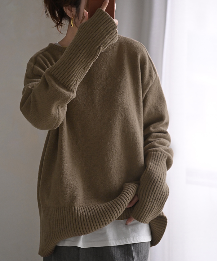 ニット レディース トップス セーター アームウォーマー 指穴 ボートネック 長袖 ゆったり | HUG.U | 04