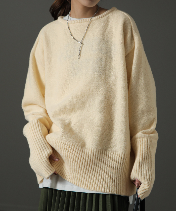 ニット レディース トップス セーター アームウォーマー 指穴 ボートネック 長袖 ゆったり | HUG.U | 02