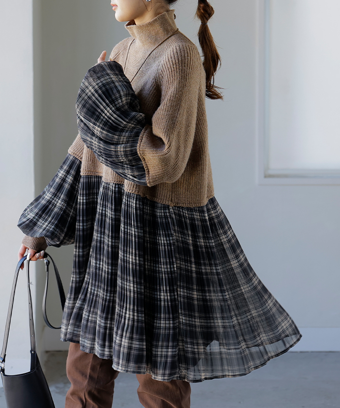 ニット レディース トップス プルオーバー ハイネック タートル チュニック 長袖 ブラウス ドッキング バルーン袖 お尻が隠れる2 | HUG.U | 01