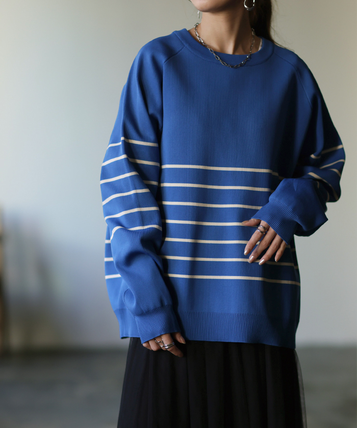 トップス レディース プルオーバー スポンジニット ボーダー ニット 軽量 トレーナー 長袖 Uネック 2411sl | HUG.U | 02