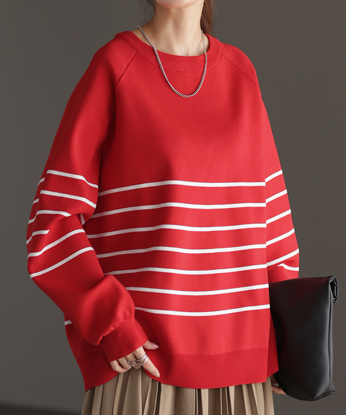 トップス レディース プルオーバー スポンジニット ボーダー ニット 軽量 トレーナー 長袖 Uネック 2411sl | HUG.U | 01