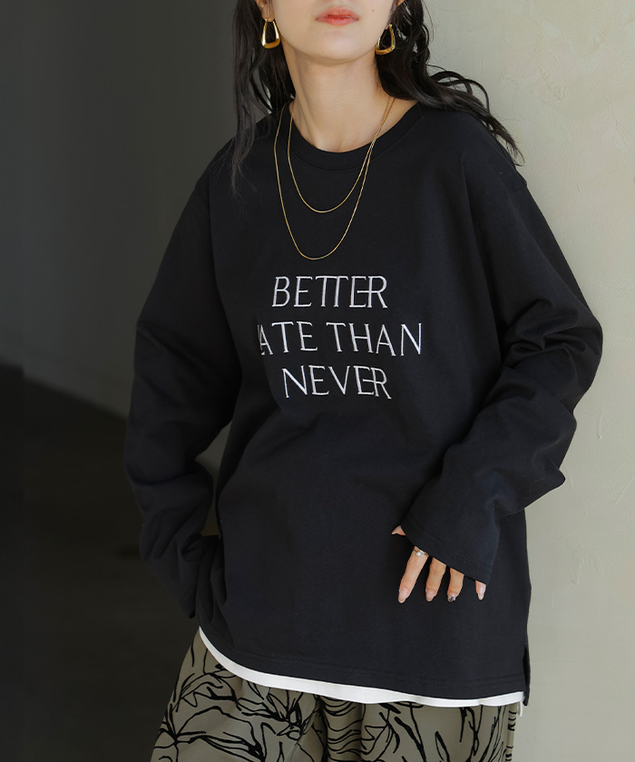 カットソー 刺繍 Tシャツ ロンT 半袖 長袖 ロゴT コンパクト ロゴティー フレンチ レディース トップス 綿100 無地 クルーネック スリット インナー ドルマン | HUG.U | 04