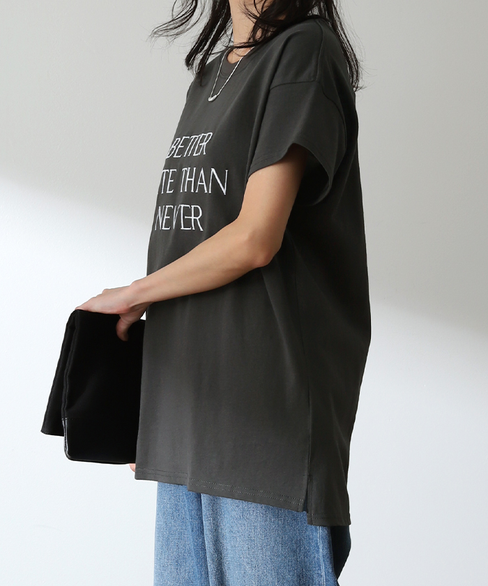 カットソー 刺繍 Tシャツ ロンT 半袖 長袖 ロゴT コンパクト ロゴティー フレンチ レディース トップス 綿100 無地 クルーネック スリット インナー ドルマン | HUG.U | 08