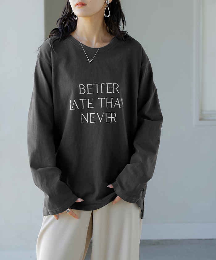 カットソー 刺繍 Tシャツ ロンT 半袖 長袖 ロゴT コンパクト ロゴティー フレンチ レディース トップス 綿100 無地 クルーネック スリット インナー ドルマン | HUG.U | 03