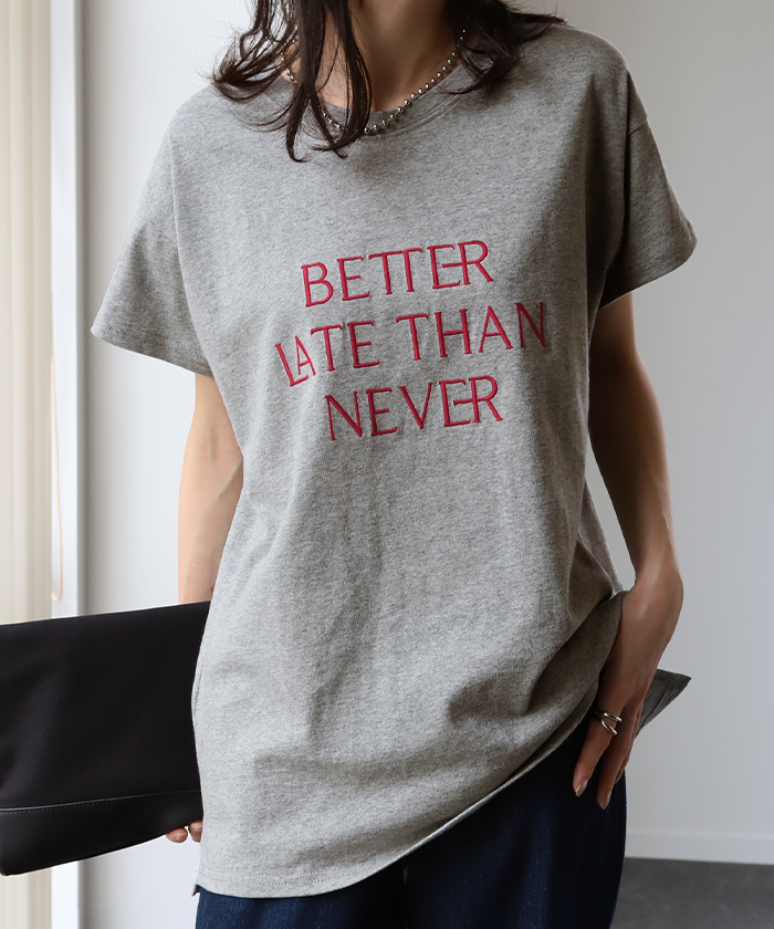 カットソー 刺繍 Tシャツ ロンT 半袖 長袖 ロゴT コンパクト ロゴティー フレンチ レディース トップス 綿100 無地 クルーネック スリット インナー ドルマン | HUG.U | 06