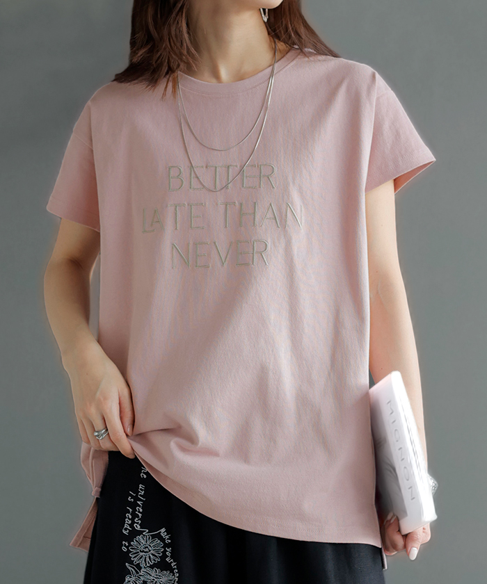 カットソー 刺繍 Tシャツ ロンT 半袖 長袖 ロゴT コンパクト ロゴティー フレンチ レディース トップス 綿100 無地 クルーネック スリット インナー ドルマン | HUG.U | 09
